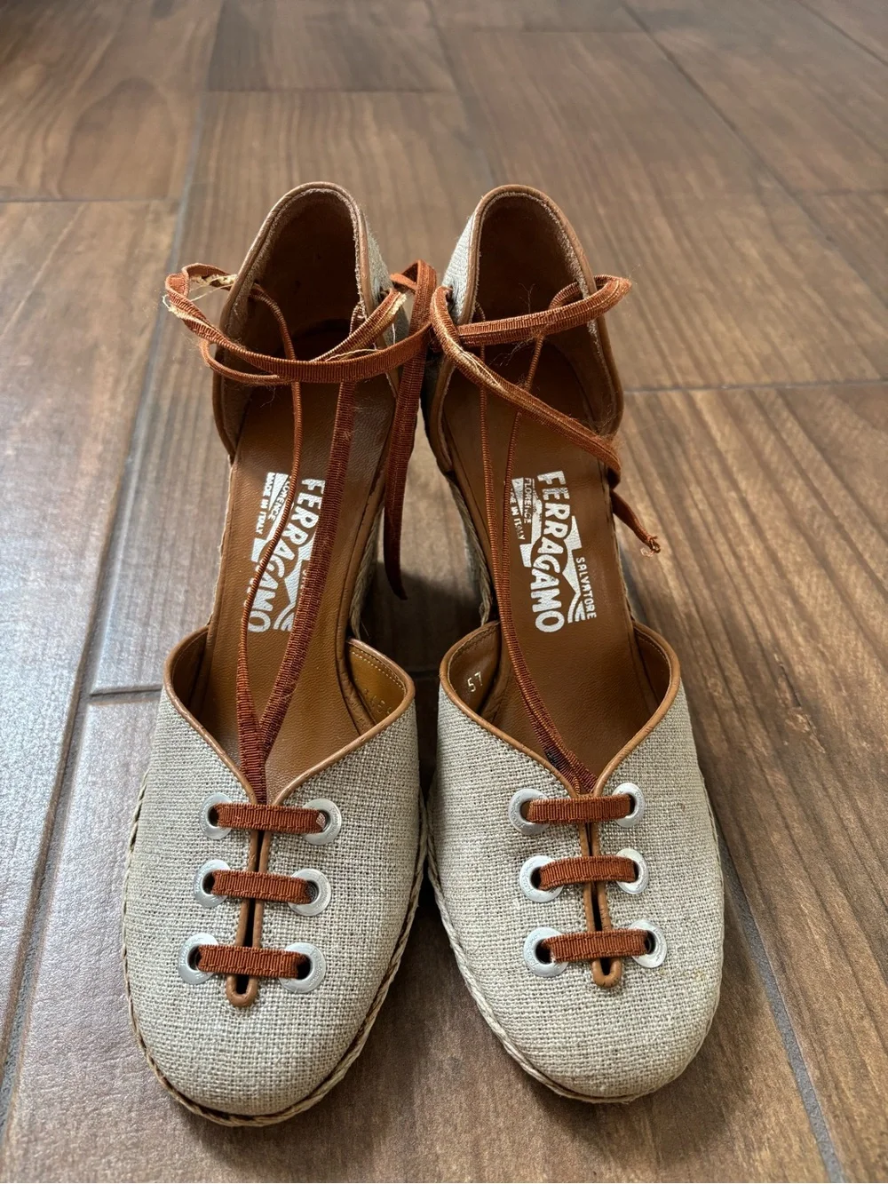 Salvatore Ferragamo Jute Fabric and Leather Espadrille Wedge Pumps Size 8